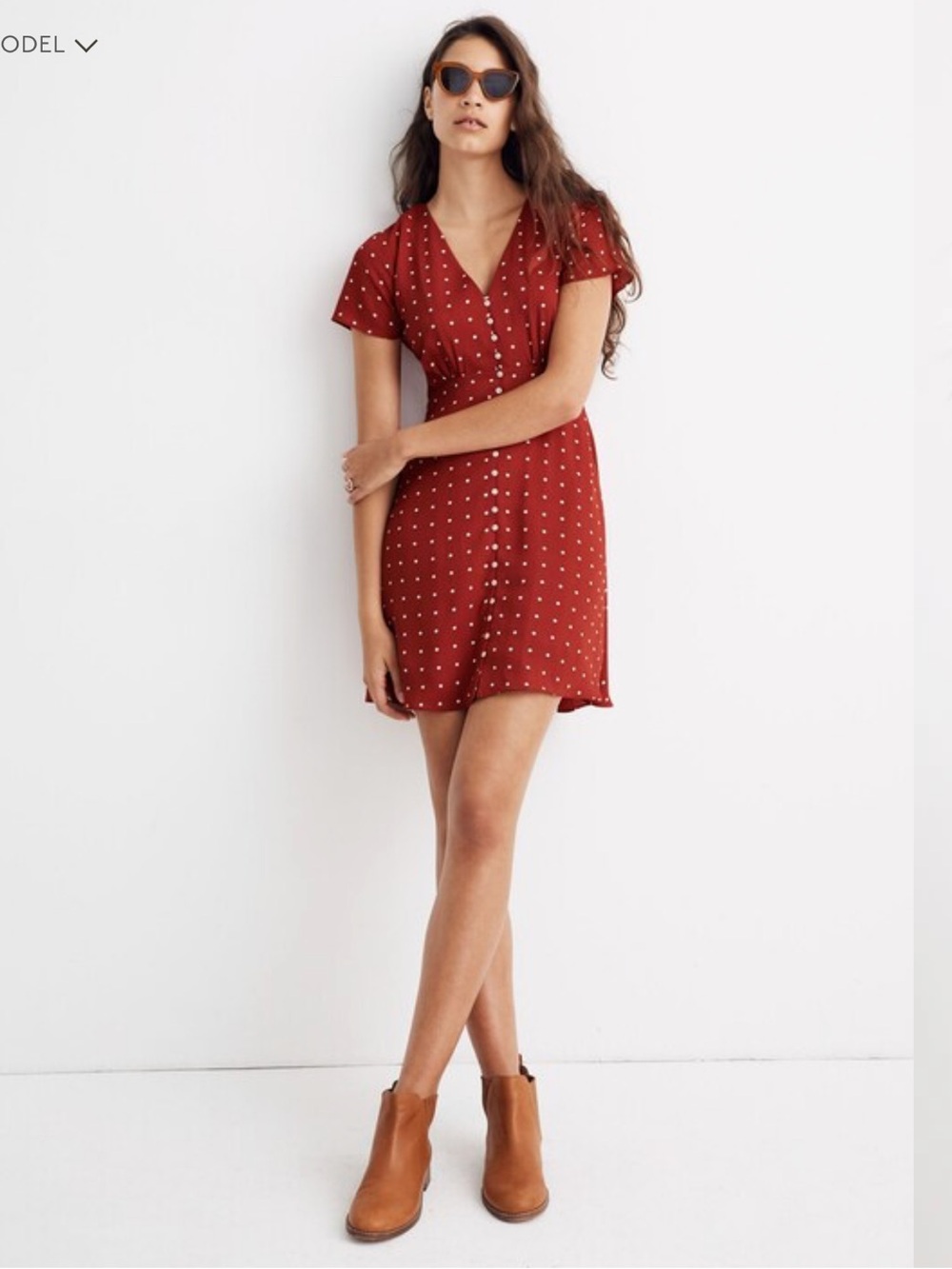 MADEWELL Button-Front Swing Dress in Grid Dot Bright Ember Red size‎ 2